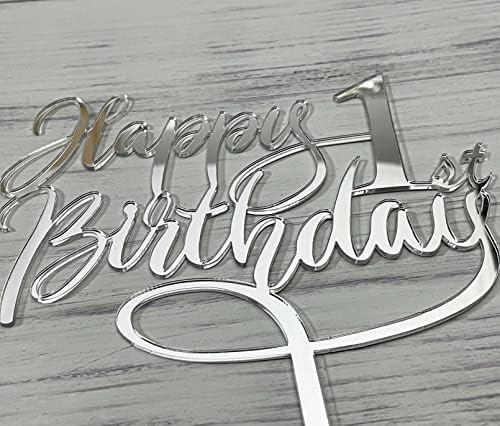 Џиеин Среќен 1-ви Роденден Торта Топер-1-ви / Прв Роденден, Компанија 1-Годишнина Декорација На Забава-Огледало Сребрен Акрилик