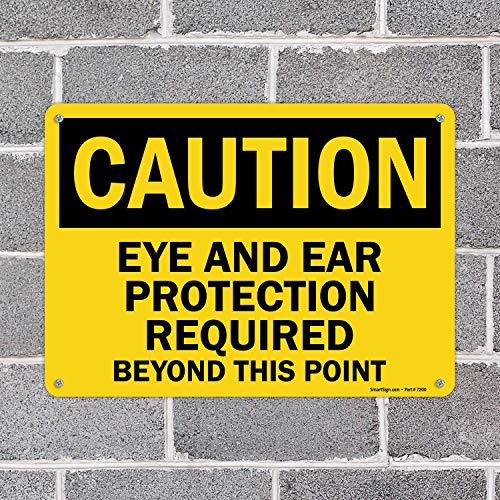 SmartSign - U9-1521 -NA_10X14 Внимание - Заштита на око и уво Потребна над оваа точка Знак | 10 x 14 алуминиум црна на жолта боја