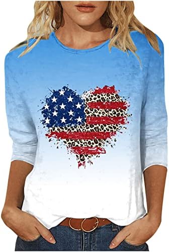 Женски 3/4 кошули со ракави, патриотски врвови на американско знаме Loveубовно печатење на срце, графичка маица лабава о-врата на
