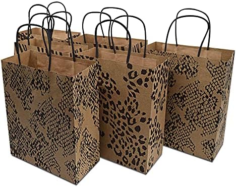 Чанти за подароци со кафеава хартија - 8x4x10 инчи 25 пакувања со кафеави животински печатени вреќи со рачки, гепард, зебра, леопард, за