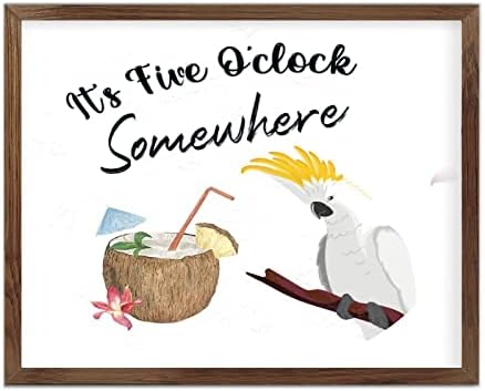 Тоа е 5 часот некаде во просторијата декор потпишува смешни врамени дрвени знаци мотивациска птица лето кокос wallидна уметност дрвена