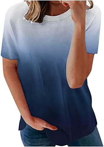 Женски летни врвови 2023 вратоврска боја омбре печати случајна лабава блуза краток ракав екипаж Туника фустана лежерна маичка кошула