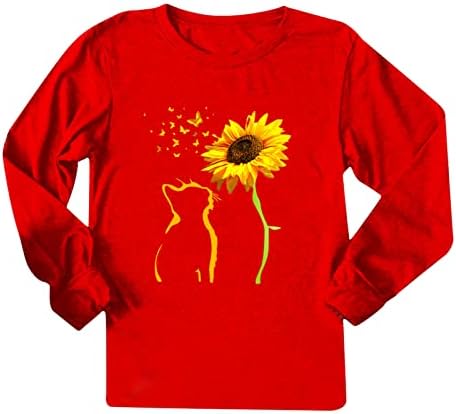 Narhbrg тинејџерски девојки сончоглед печати џемпери за џемпери, пулвер жени симпатична графичка маица врвови со долги ракави