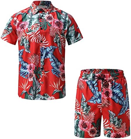 Xiloccer mens Хавајски поставува цветни печатени копче надолу со кошули и шорцеви со кратки ракави поставени летни плажа мажи 2 парчиња