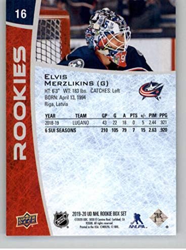 2019-20 Горна палуба NHL Rookie 16 Elivs Merzlikins RC RC RC Columbus Blue јакни NHL Hockey Trading Card