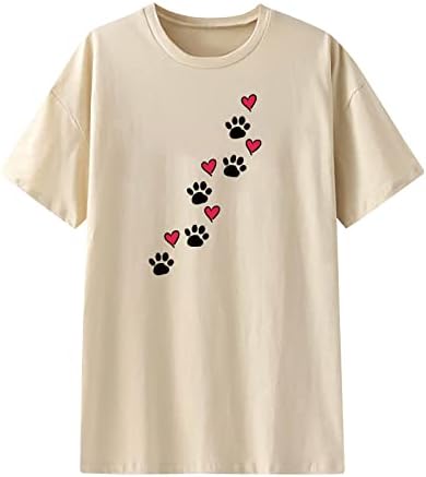Куче шепа loveубов срцева печатена маица Топ жени кратки ракави екипаж блузи се релаксираат вклопуваат кучиња lубовници кошули обични