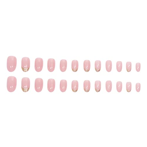 Hkanlre Pink Press на ноктите бадеми средни лажни нокти Акрилни сјајни француски лажни нокти целосни покритие за нокти за жени и девојчиња