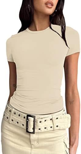Safrisior жени основни цврсти култури врвни маички со тркалезен врат Краток ракав форма се вклопуваат во тренингот маица јога