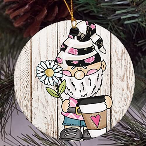 Cutie Pie Cafe Gnomes Божиќ украсен украс розова роза сончоглед празнична Божиќна рунда керамички украс двострана Божиќно дрво чувар украс