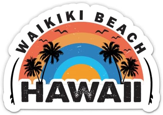 Налепници на Хаваи на плажа Ваикики - 2 пакувања од 3 налепници - водоотпорен винил за автомобил, телефон, шише со вода, лаптоп - декорации