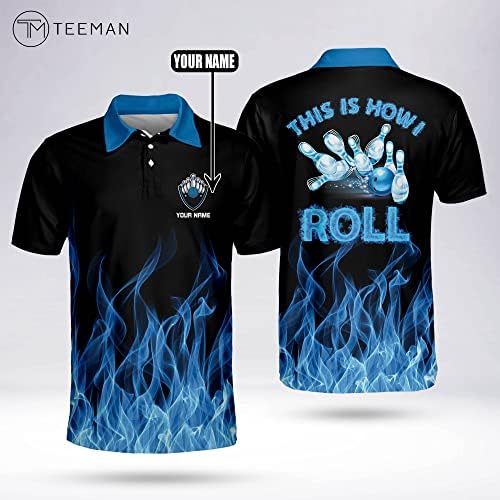 Teeman обичај смешни кошули со куглање со имиња, машка маичка за куглање со кратки ракави, кошула за куглање со сина пламен за мажи