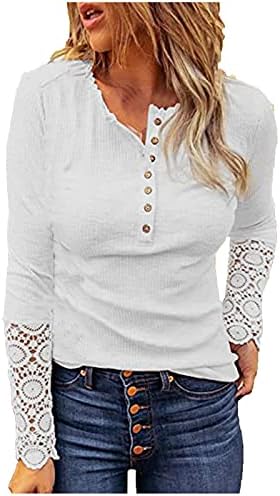 Хенли кошули со долги ракави за жени вафли плетени тенок палто палтовер цврсто о-вратоврски копче за блуза маица дами врвови