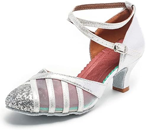 Уризе латински танцувачки чевли се продолжат средна потпетица потпетици за танцување сребрени салса салса танцувачки чевли вежбаат