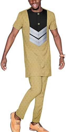 Африканските машка облека Дашики кошула и пантолони 2 парчиња поставени кратки ракави Традиционална облека за памук за памук за