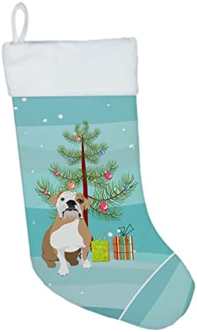 Богатства на Каролина WDK3040CS Англиски булдог фавен и бело Божиќно порибување, камин виси чорапи Божиќна сезона забава Декори
