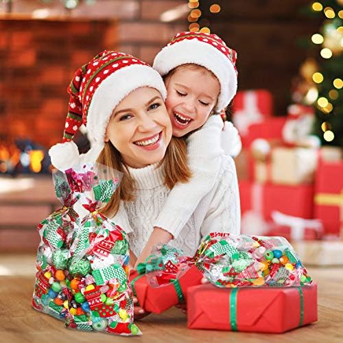 100 Парчиња Божиќни Целофански Кеси Торби За Подароци За Бонбони Добрите Третираат Кеси со 150 Парчиња Вртење Врски За Божиќна