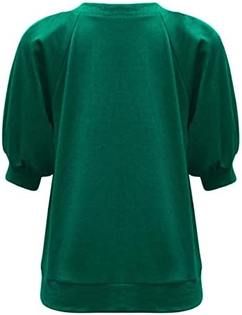 Вар зелена шарена обична салон кошула за дами кратки 1/2 ракав екипаж спандекс лабав вклопување плус големина врвни маици тинејџерка