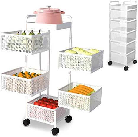 Pinfengjiaju ротирачка полица за складирање во кујна со рачка, корпа за складирање на овошје зеленчук, тркалачка количка за складирање,