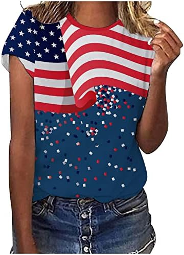 Тинејџерски девојки блузи 4 -ти јули Печати Опуштени вклопени врвови маички кратки ракави екипаж обични блузи 2023 4W