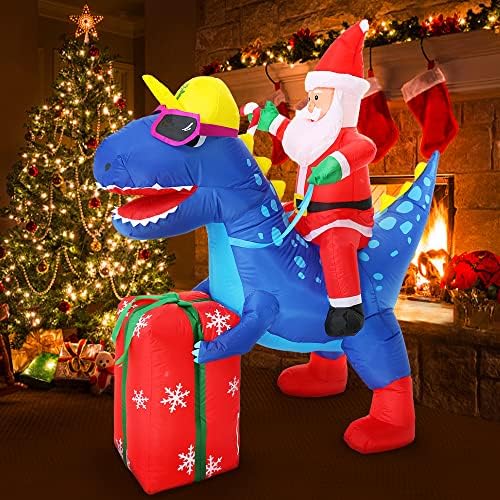 Декалари 6ft Надуени украси за Божиќни двор, Дедо Мраз возење диносаурус со подарок, надувување Декорација на Дедо Мраз вградена LED