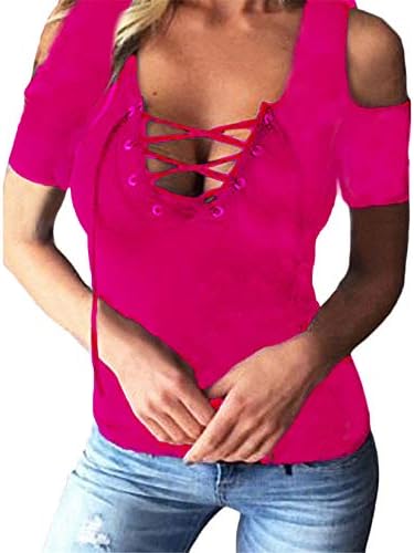 Angенска женска секси секси надвор од рамената јаже со кратки ракави со кратки ракави v вратот блуза предна маица