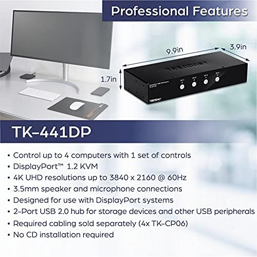 Trendnet 4-Port Монитор DisplayPort Kvm Прекинувач Со Аудио, 2-Порт USB 2.0 Центар, Поддржува 4K UHD 3840 x 2160 @ 60Hz, DisplayPort
