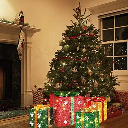 [Екстра големи 12 -10 -8 -6] 4 Пакувања Божиќни осветлени кутии за подароци Божиќно предводено светло сегашно кутија затворено во отворено