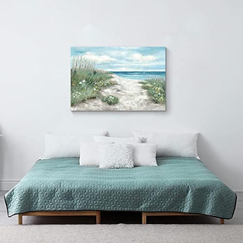 Wallидски украс Апстрактна плажа крајбрежна сликарство платно: цвет и слама со сино небо artидно уметности уметнички дела Слика за дневна