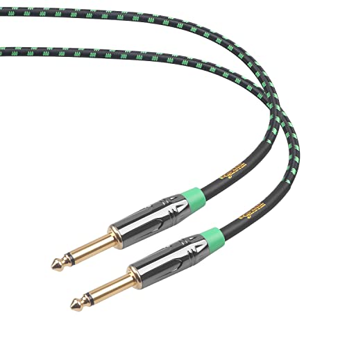 Clef Audio Labs 6ft 1/4 кабел за гитара - Совети за позлатени злато, 22awg, лушпа од легура на цинк, зелена плетенка - 2 кабелски врски за