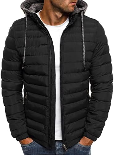 Fsahjkee црна пуферска јакна мажи, долу палто со долги ракави зимски палта случајни дебели јакни за расчистување на меки