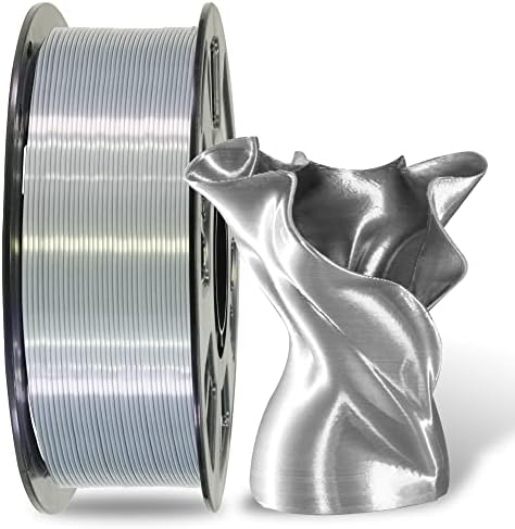 MIKA3D 1,75мм свилена метална сребрена сјајна сјајна PLA 3D филамент за печатење, 1 кг 2,2 bs 3D материјал за печатење со точност со висок дијаметар, уредно рана од свила PLA широ
