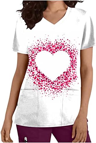 Кошули за в Valentубените за жени - врвови со кратки ракави на вратот, Loveубовни срцеви печатени маички униформни врвови со џебови со џебови