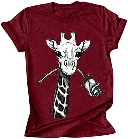 Женски смешни животински графички графички жирафа печати обични кратки ракави летни слатки врвови на маици