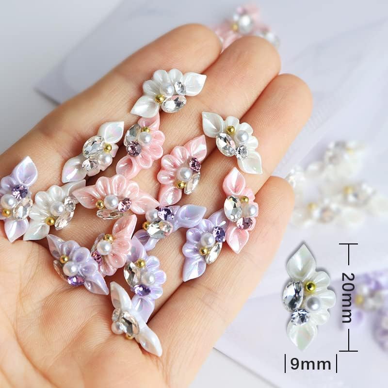 20 парчиња 3Д цветните нокти уметнички шарми за скапоцени камења и рингестони со дизајн на бисери кристали, цвеќиња пролетни акрилни накит