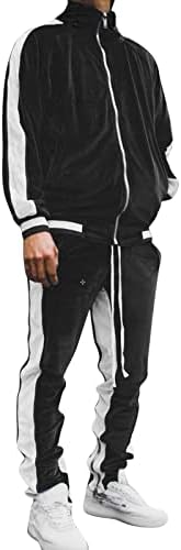 Машки зимски кадифени тренерки 2 парчиња блок во боја Целосен патент јакни и панталони спортови поставени топло густи обични потти