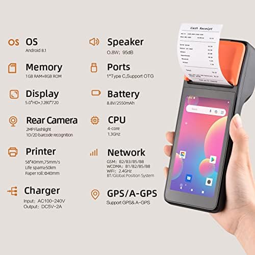 Bisofice POS приемниот печатач Android 8.1 1D/2D скенер за баркод PDA терминал 3G WiFi BT комуникација со 5,0 екран на допир од 58мм ширина/NFC