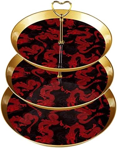 3 Ниво на штанд за чаши со злато шипка пластично ниво на десерт кула фиока змеј кинески црвен овошје бонбони приказ за свадбена роденденска