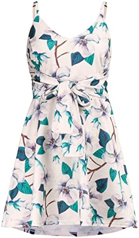 Wpoumv плус фустан со големина за жени цветни печати V вратот Камизол фустан летен случај без ракави без ракави мини фустани со појас