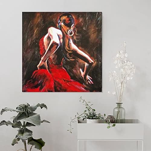 24x24inch рачно насликано масло за сликање на масло платно уметност шпански фламенко танчер во црвен фустан илустрација уметнички дела жени модерна спална соба wallидна