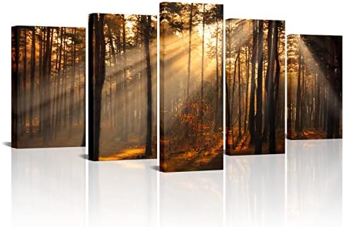 Lyerartork 5 панели есенски шума платно wallидни уметнички дрвја со слики од изгрејсонце, магливи шуми пејзаж, пејзаж, отпечатоци од