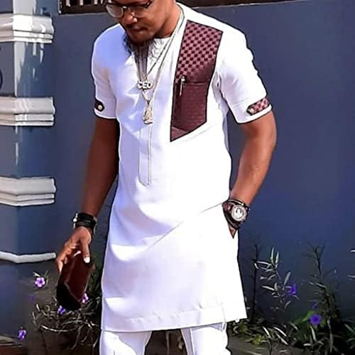 Африкански костуми за мажи Дашики кошула за облека со краток ракав и облека за облека од пантолони 2 парчиња со врвови на џебниот
