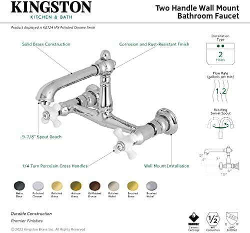 Кингстон месинг KS7247PX Wallиден монтиран бања тапа, четкан месинг