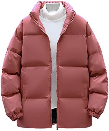 Зимска јакна за зимска пуфер за мажи обична цврста боја долга ракав поштеди преголема машка јакна со џеб