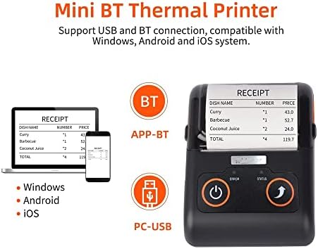 ZSEDP Преносен печатач за прием 58мм Термички печатач Мобилен POS печатач USB BT врска компатибилен со Windows Android iOS