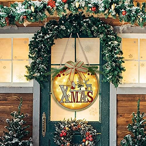 Winemana Среќен Божиќ висин знак, 12 x 12 осветлен дрвен знак венец Божиќ, Божиќни украси Рустикален знак за влезна врата wallид камин затворено