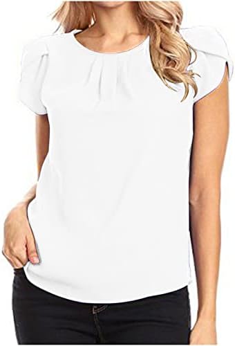 Женски цврсти шифони врвови 2023 маици со краток ракав летен круг на вратот Обичен маичка обична фустана блуза удобна маица