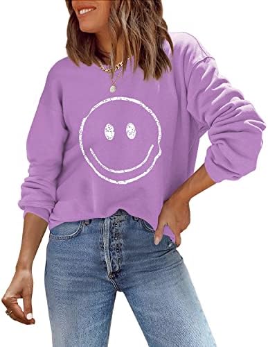 Достигнете женски насмевка на лицето пулвер, симпатична трендовски гроздобер графички џемпери, обични лабави долги ракави на