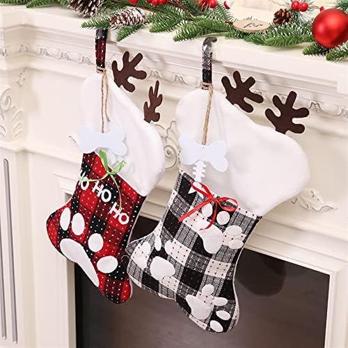 Аетиг куче мачка шепа Божиќни чорапи 2 парчиња плишани црвени биволи провери скалило камин виси Божиќ домашен декор