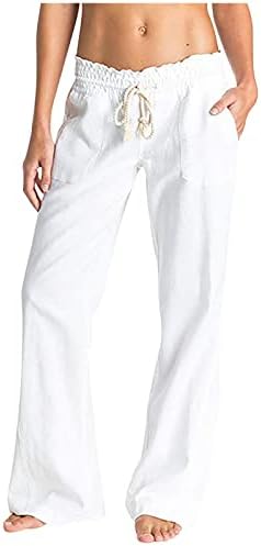 Женски обични постелнини панталони летни широки нозе долги панталони за влечење еластична половината меки удобни панталони со џебови