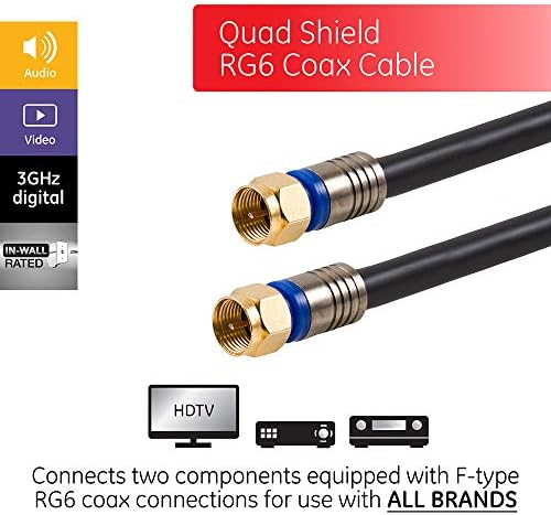 Коаксијален кабел GE RG6, 50 ft. F-Type Connectors, Quad заштитен кабел за коакс, 3 GHz дигитален, оценет во wallид, идеален за ТВ антена,